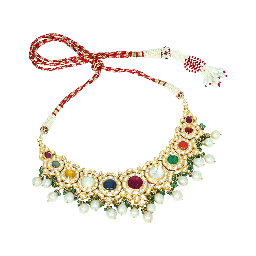 Navaratan Necklace with Polki Diamonds, Pearls, and Emerald Beads